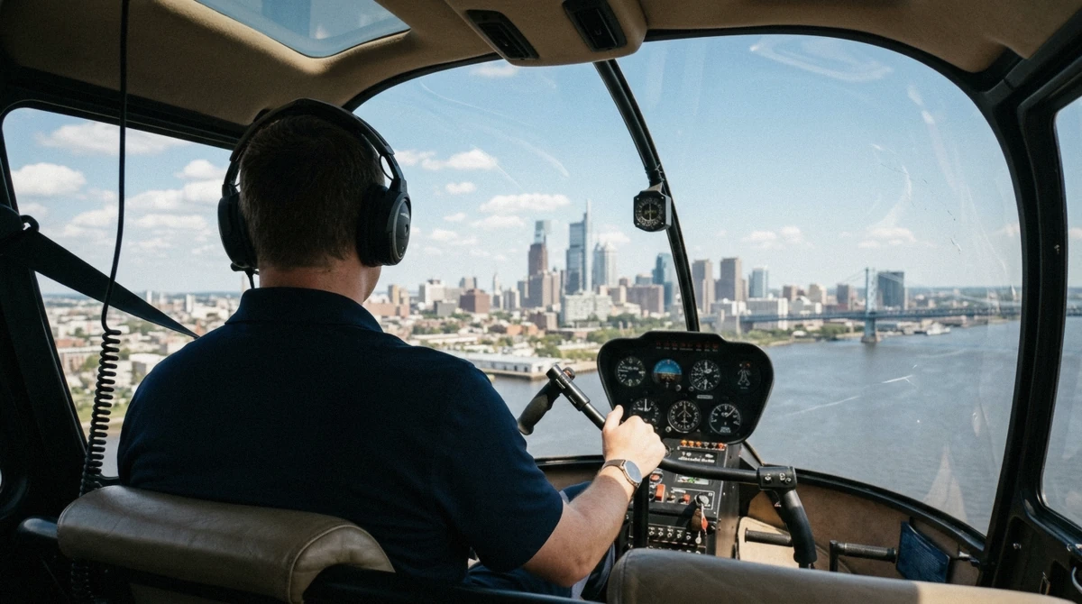 Passenger fitting an intercom headset inside the helicopter cabin before takeoff on a first philadelphia helicopter tour flight