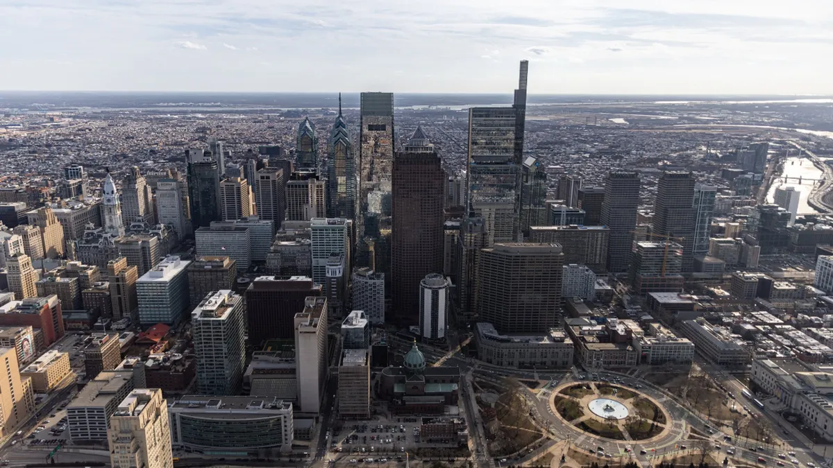 Philadelphia downtown skyline aerial view from helicopter altitude showing Center City skyscrapers on a philadelphia helicopter tour